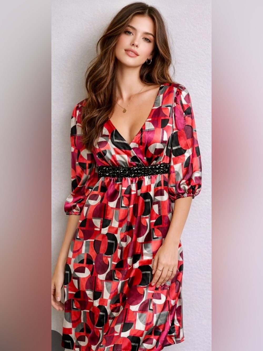 Bisou Bisou Red, Black and Red Geometric V-Neck party Dress